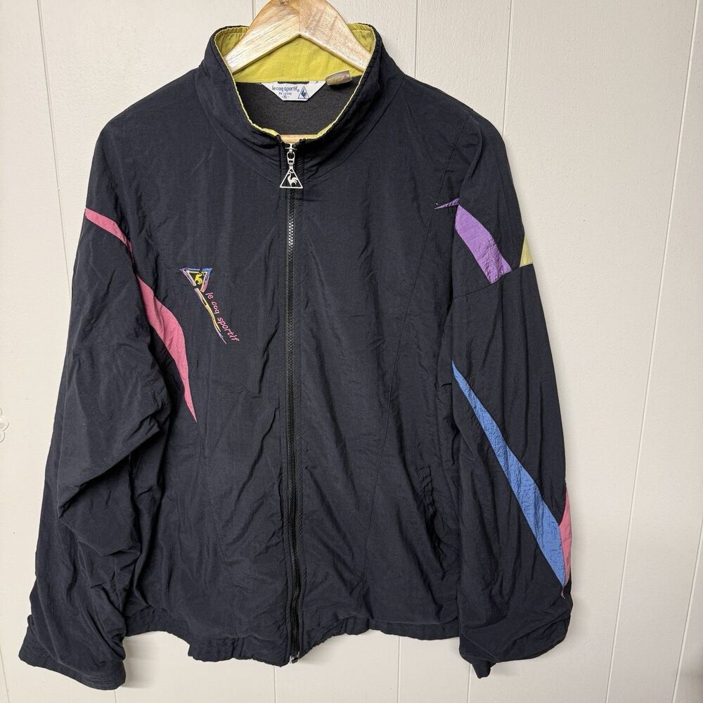 Vtg 90s Le Coq Sportif Colorblock Windbreaker Jacket Lined Black Track Men XL